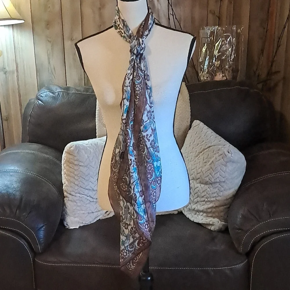 Luxury 100% Pure Silk Long Scarf with Tulips Brown and Torquoise Rectangular